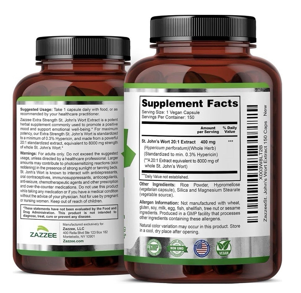 Zazzee St. John’s Wort Supports Wellbeing , Positive Mood 0.3% Hypericin 150Caps