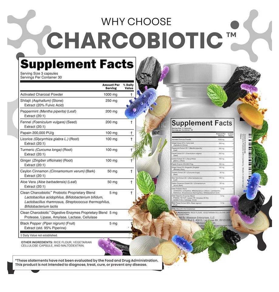 Clean Nutra Charcobiotic Activated Charcoal Probiotics Gut Health 90 Capsules