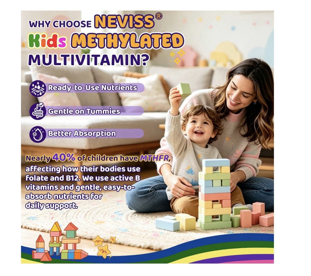 Neviss Kids 4+ Methylated Multivitamin Sleep Calm Brain Bone 60 Gummies 2 Pack