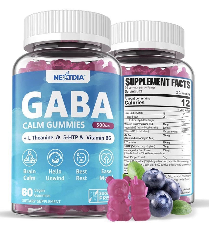 Nextdia GABA Calm Gummies 500 mg with L Theanine 5-HTP Vitamins B6 60 Gummies