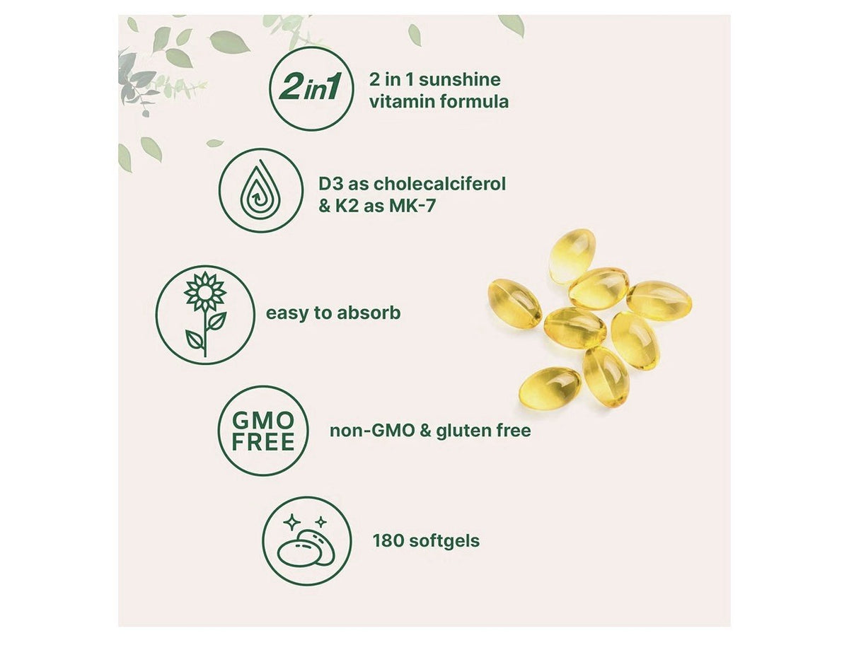 Micro Ingredients Vitamin D3 + K2 MK-7 5,000 IU D3 Per Serving 180 Softgels