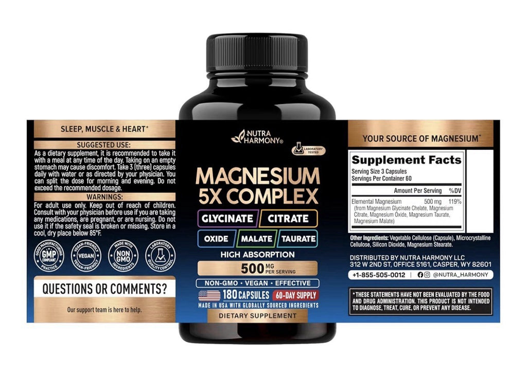 NUTRAHARMONY Magnesium 5x Complex 500mg High Absorption Supplement 180 Capsules