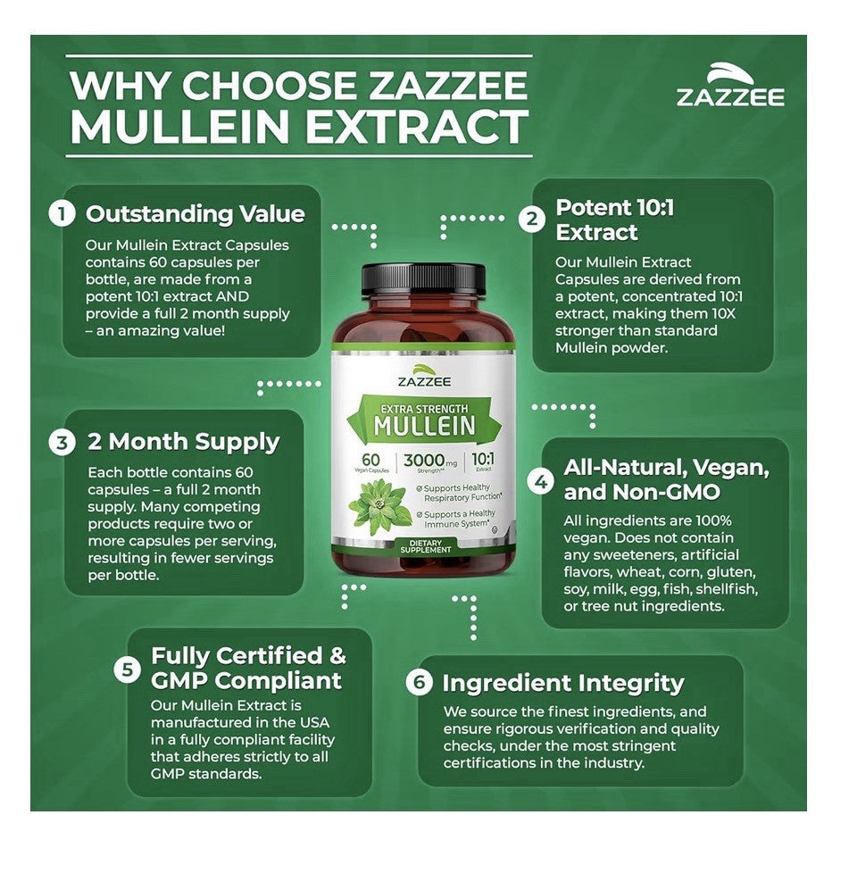 Zazzee Mullein Leaf Support Healthy Respiratory Lung Immune 2Month Supply 60caps