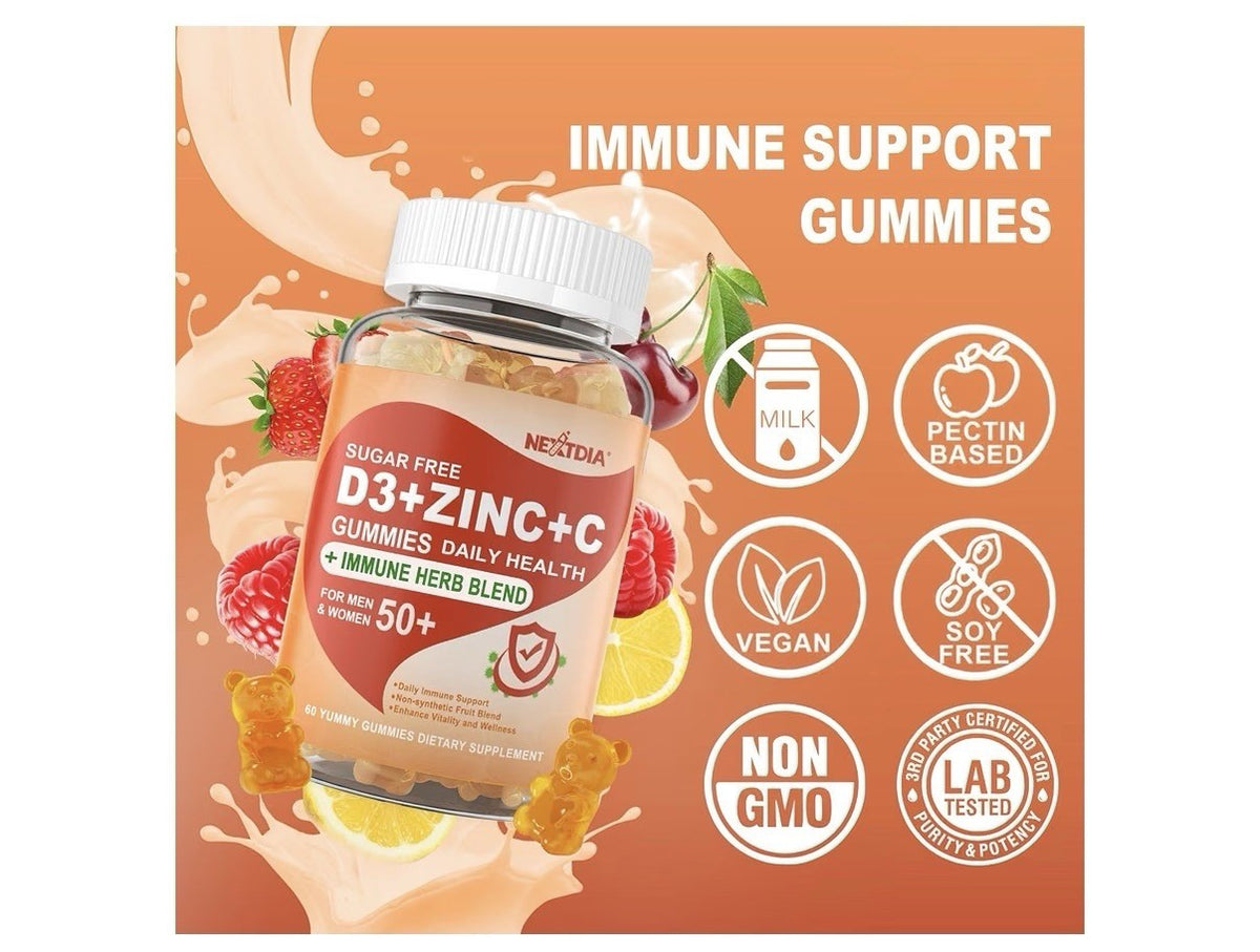 Nextdia D3 + Zinc + C Gummies For Adults 50+ Immune Support 60Gummies Sugar Free