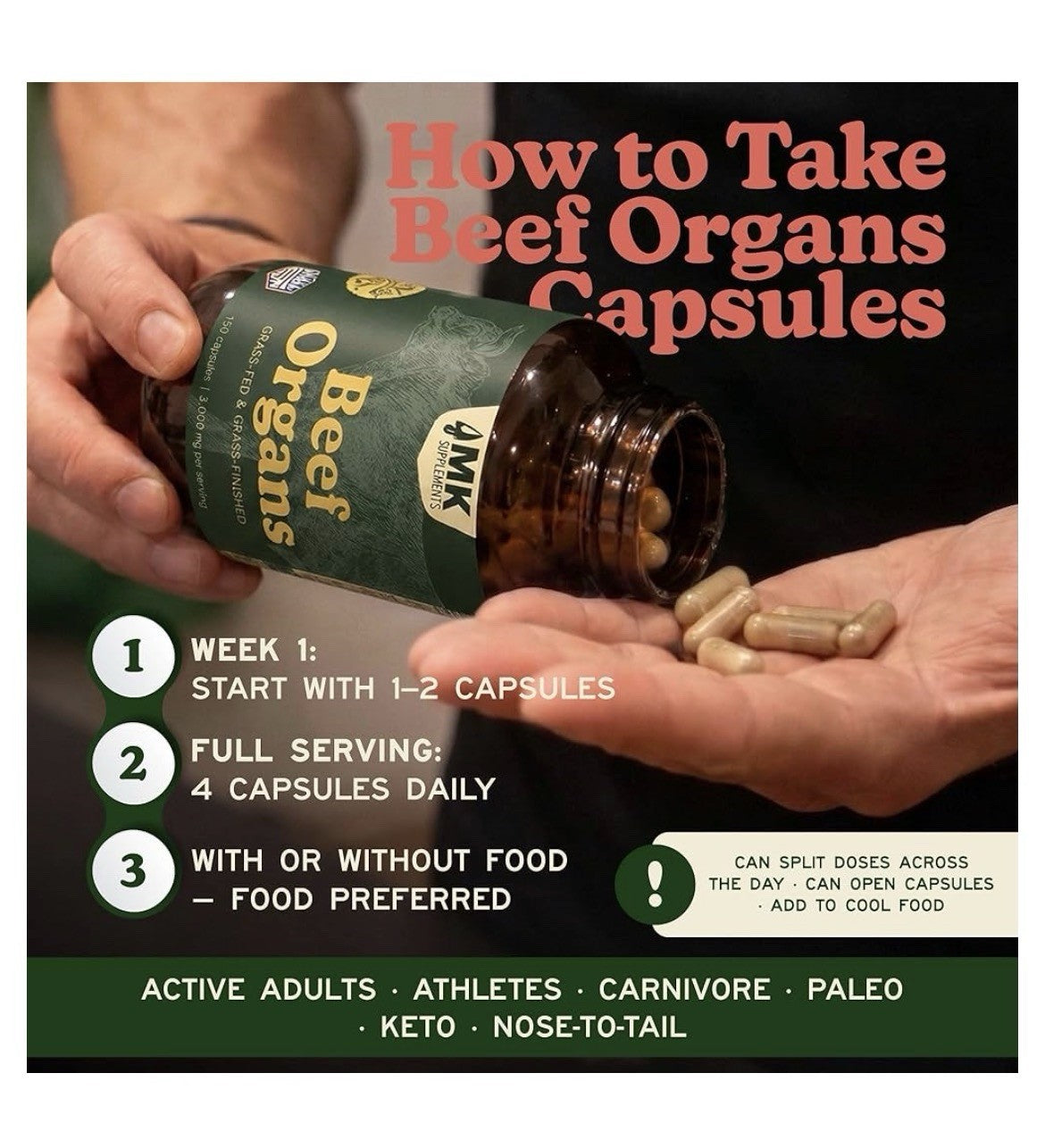MK Supplements Beef Organs Grass Fed Supplement Support Whole Body Wellness 180c