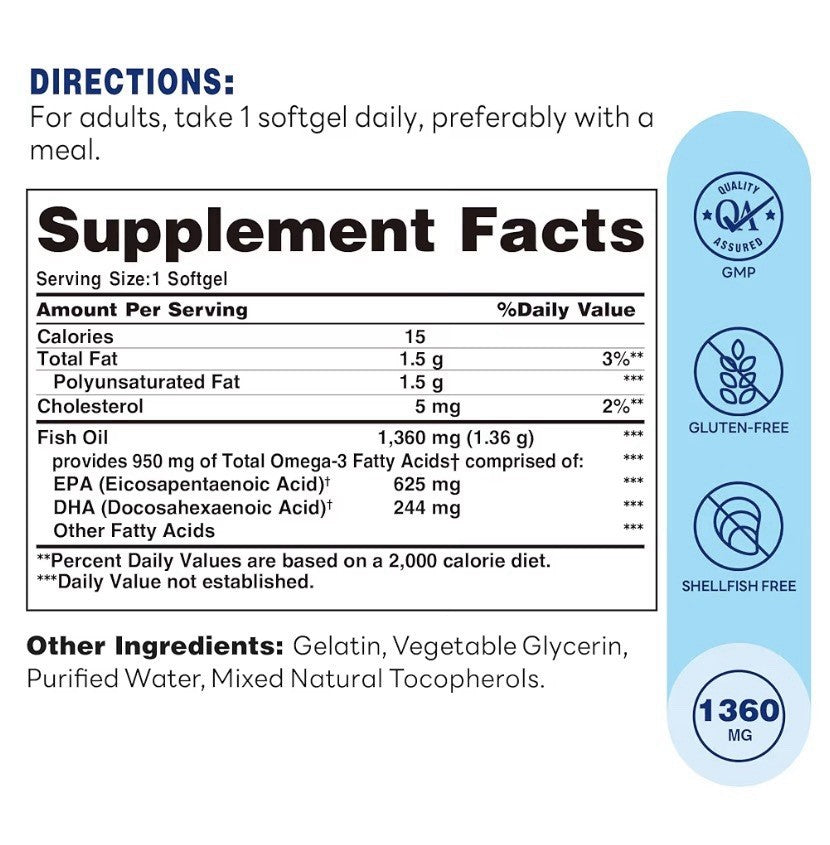 Vitamin World Omega 3 Fish Oil 1360 mg Triple Strength Supplement 180 Softgels