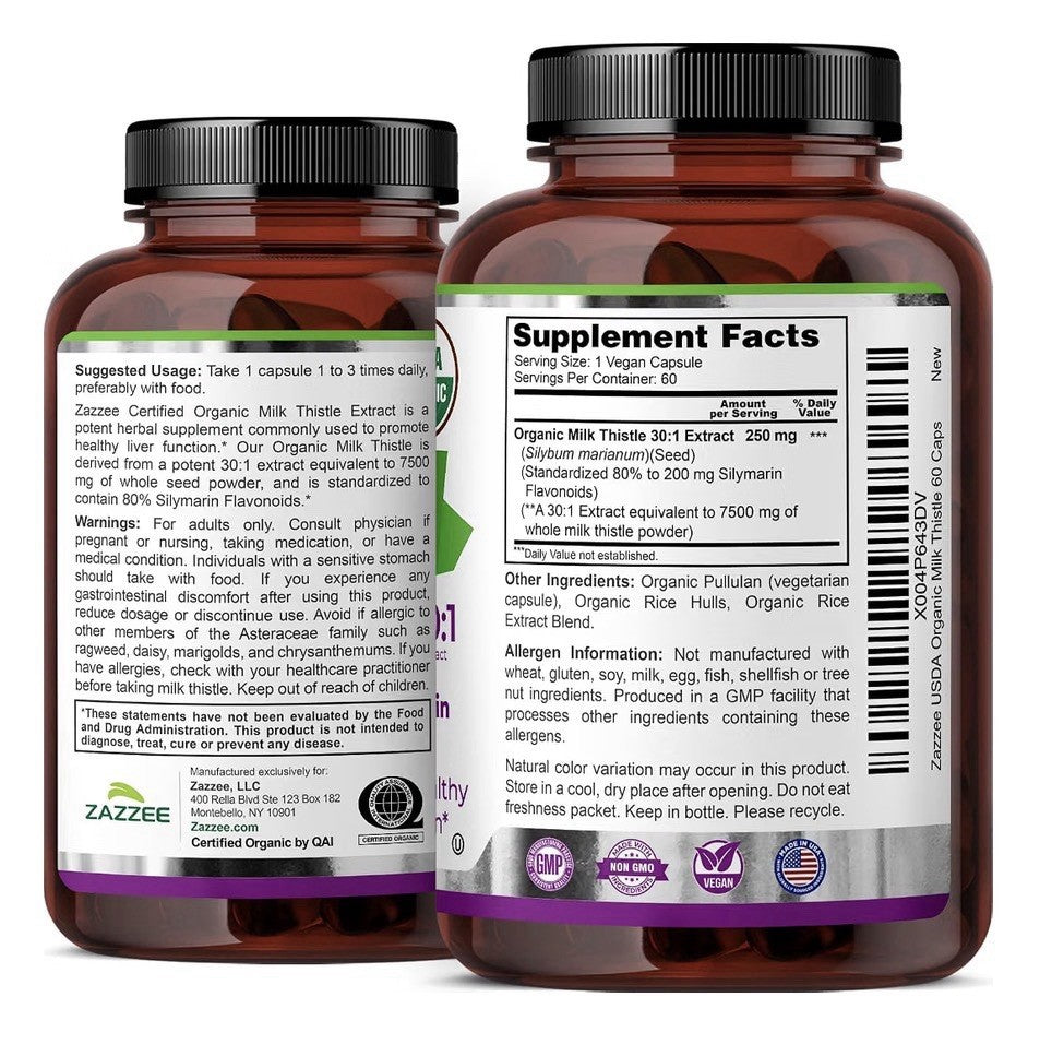Zazzee Organic Milk Thistle 80% Silymarin Flavonoids Healthy Liver Function 60ca