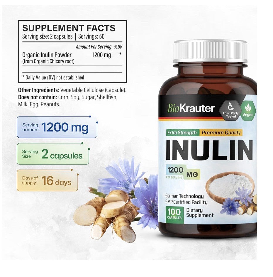 BIO KRAUTER Inulin 1200 MG from Chicory Root in Capsules Probiotic Finer 100caps
