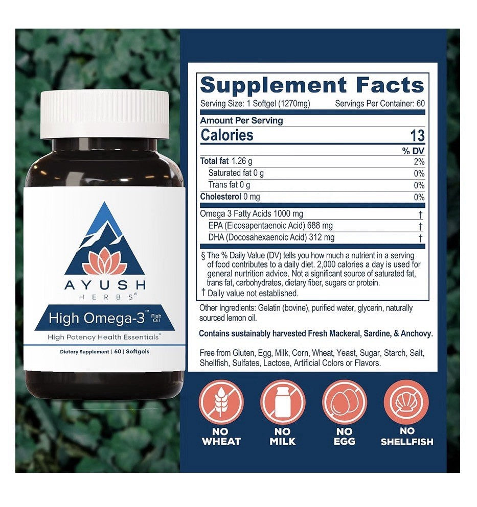 Ayush Herbs High Omega 3 Fish Oil EPA DHA For Women &Men 60 Softgel Lemon Flavor