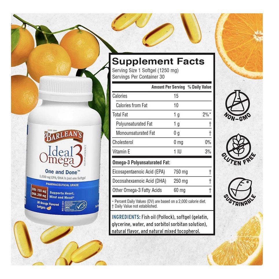 Barlean's Ideal Omega 3 Fish Oil EPA DHA Heart Mind Mood Brain Health 30softgels