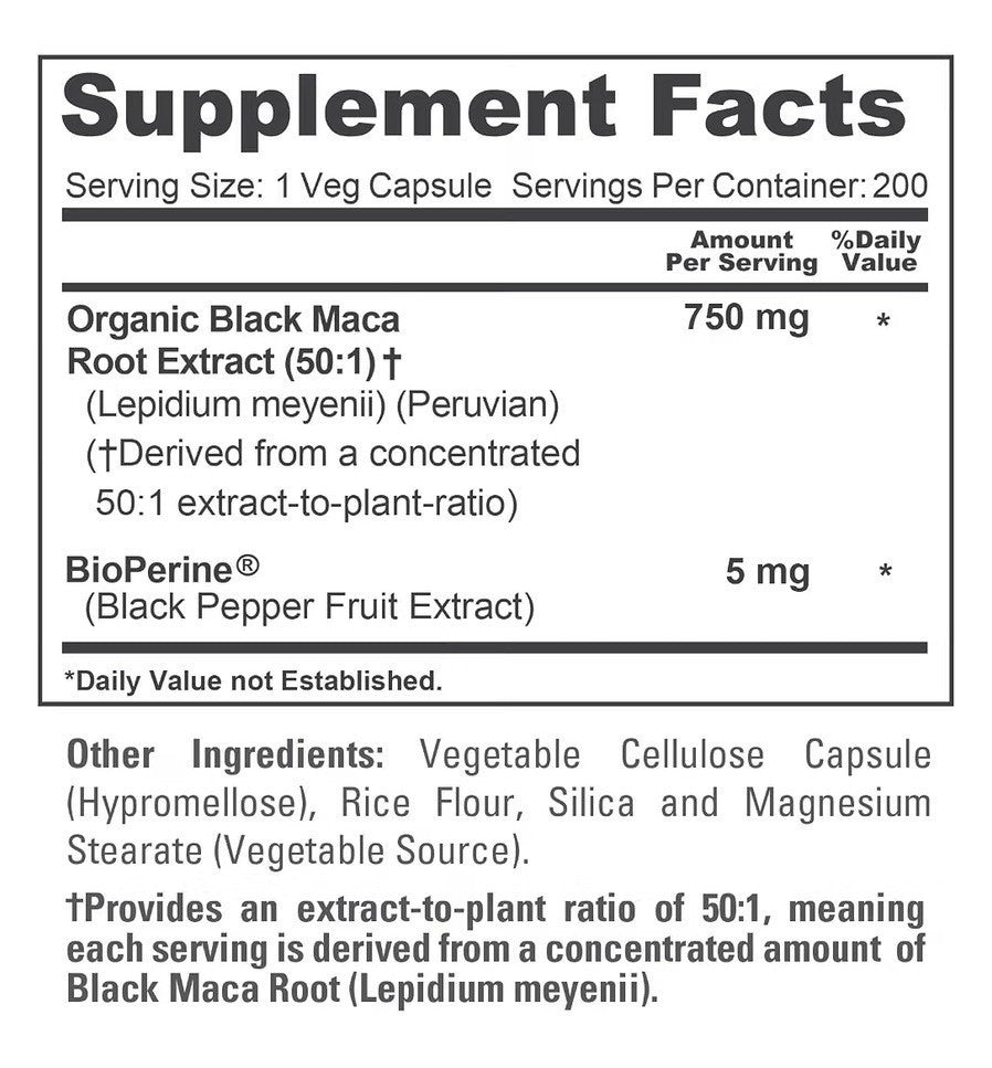 NusaPure Peruvian Black Maca Root 750mg 200 Veg Capsules 200 Servings