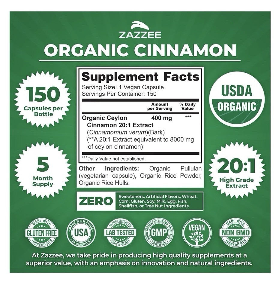 Zazzee Ceylon Cinnamon 150 Sri Lankan Variety Metabolism Support 150 Capsules