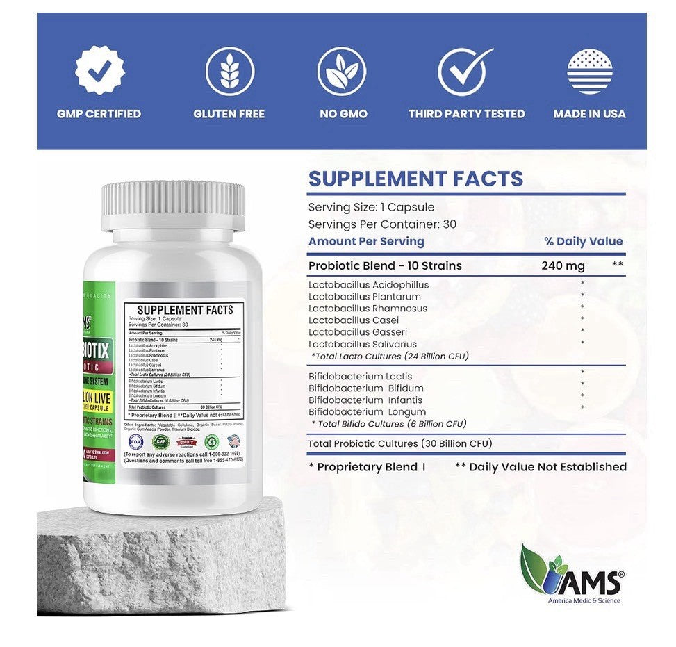 AMS Florabiotix Probiotic Immune Digestive Support 30 Billion Live Cultures 30ca
