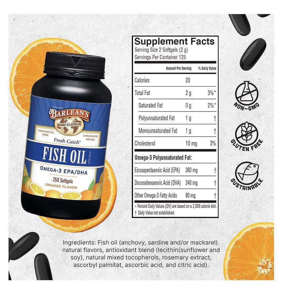 Barlean's Fish Oil Omega 3 EPA DHA Joint Brain Heart Health 250 Softgels