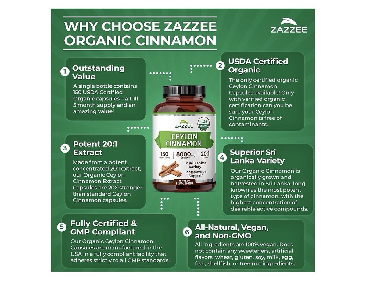Zazzee Ceylon Cinnamon 150 Sri Lankan Variety Metabolism Support 150 Capsules