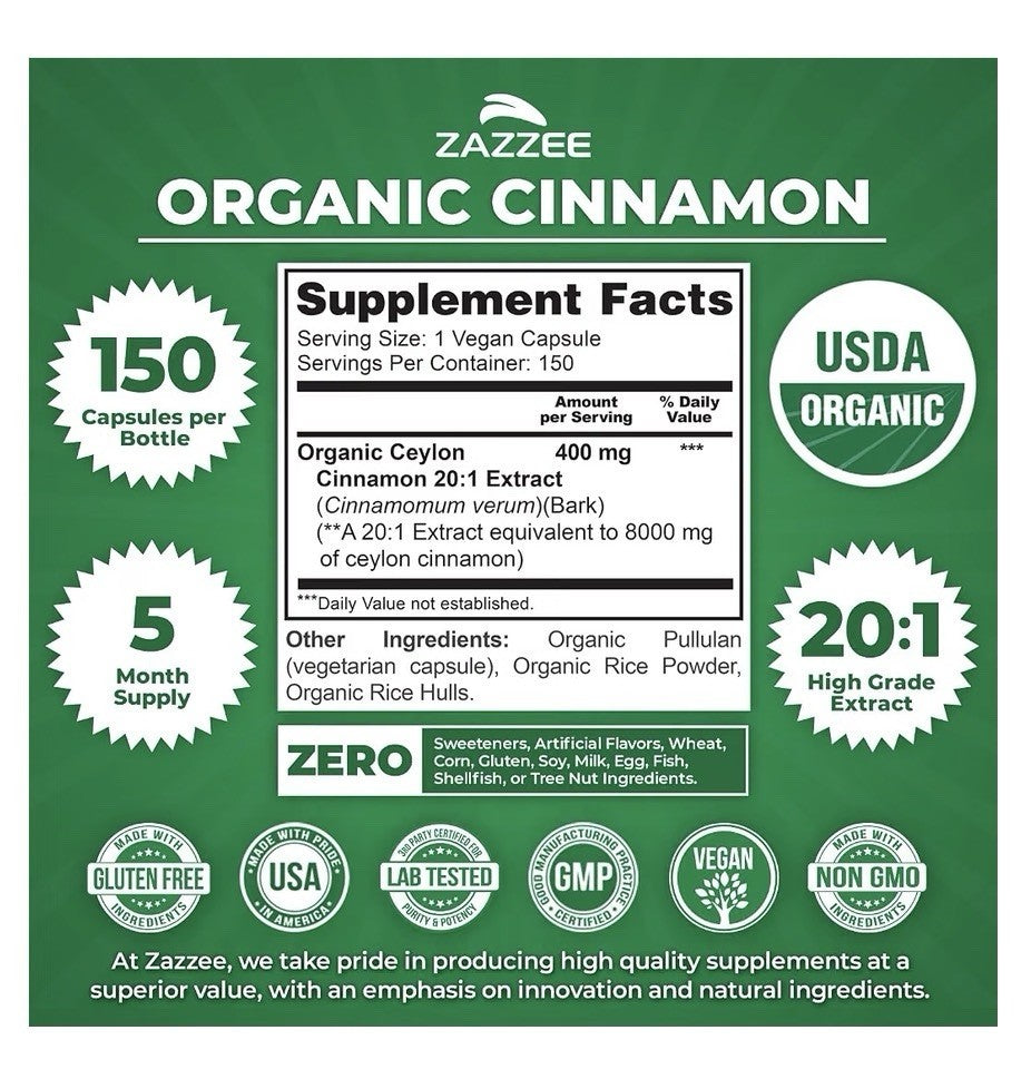 Zazzee Ceylon Cinnamon 150 Sri Lankan Variety Metabolism Support 150 Capsules