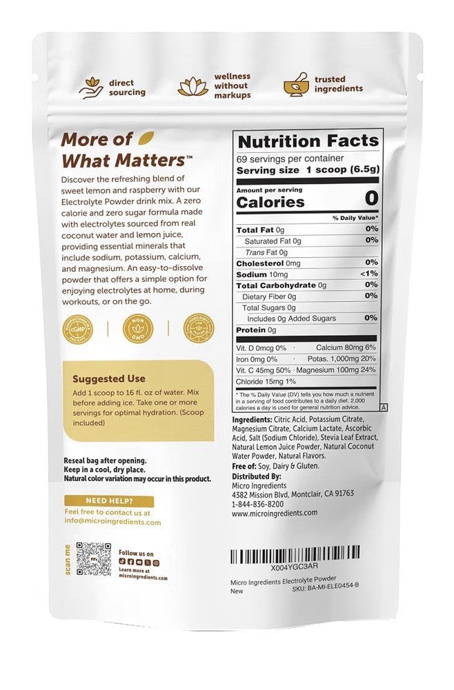 Micro Ingredients Electrolytes Hydration Drink Mix Powder Lemon & Raspberry 16oz