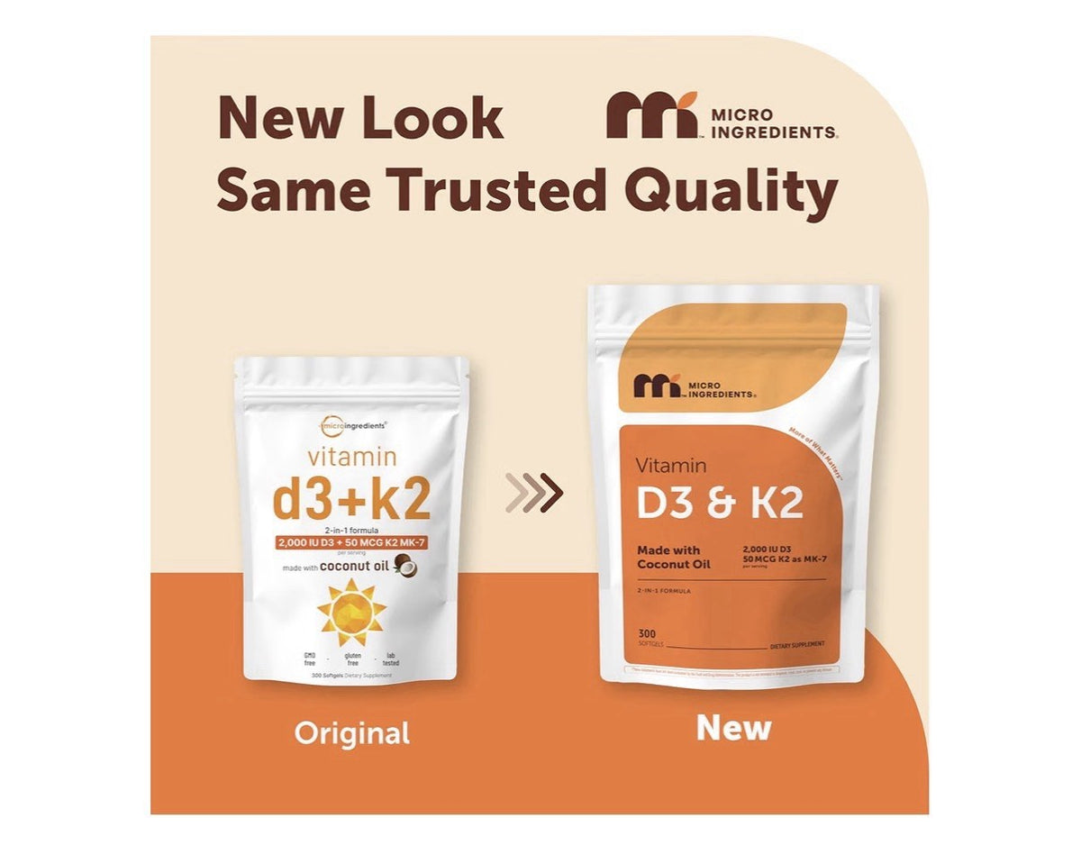 Micro Ingredients Vitamin D3 & K2 2,000 IU D3 K2 MK-7 50 mcg 300 Softgels