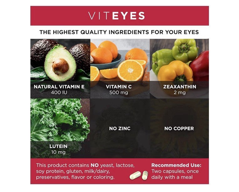 Viteyes AREDS 2 Zinc Free Macular Support Allergen Free Eye Vision Health 180cap