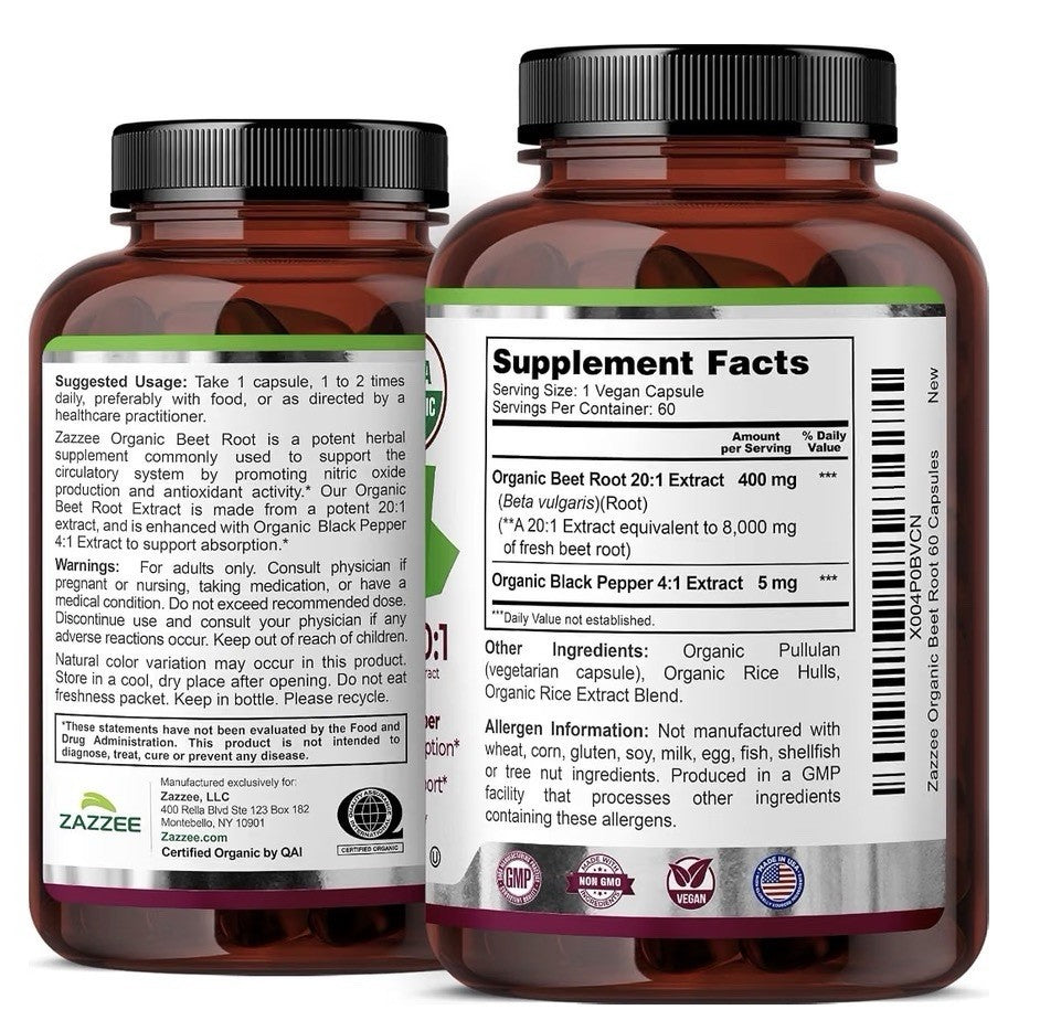 Zazzee Beet Root Nitric Oxide Support Healthy Energy Levels 2Month Supply 60caps