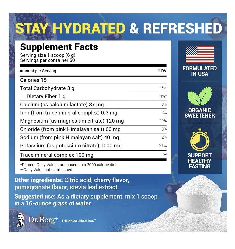 Dr. Berg Electrolyte Powder Pomegranate & Cherry Flavor Keto Friendly 50Servings