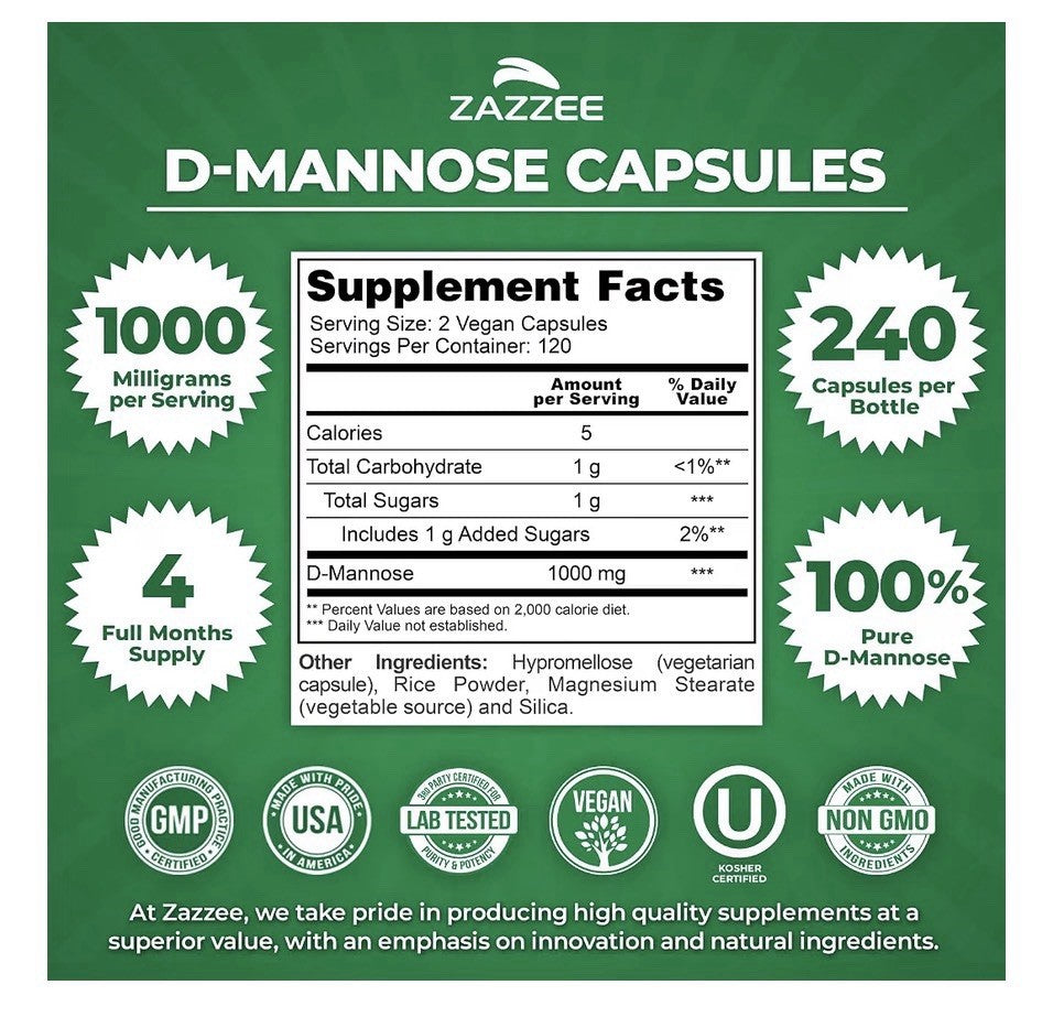 Zazzee D-Mannose Healthy Urinary Tract Support 4 Month Supply 240 Capsules