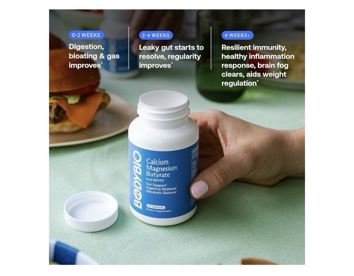 BodyBio Calcium Magnesium Butyrate Postbiotic Gut Digestive Bloat Support 250cap