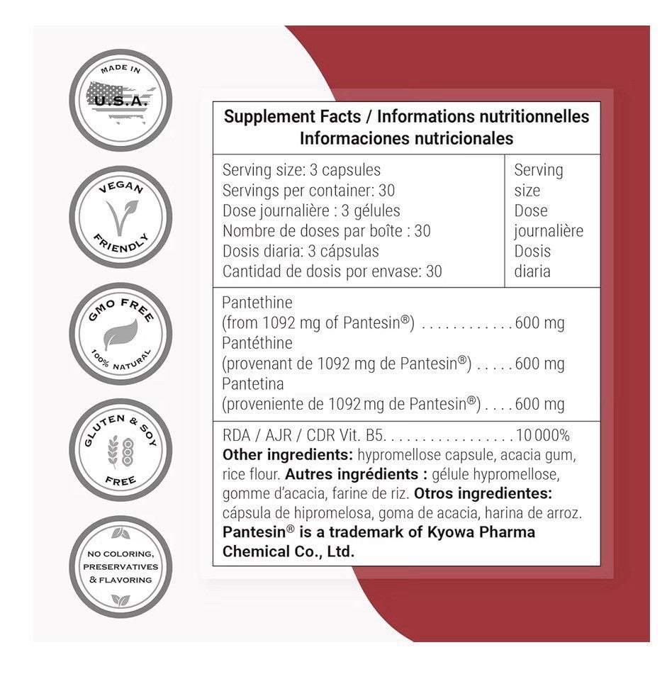Supersmart Pantesin Pantethine 600mg per Day Pantothenic Acid Vitamin B5 90 Caps