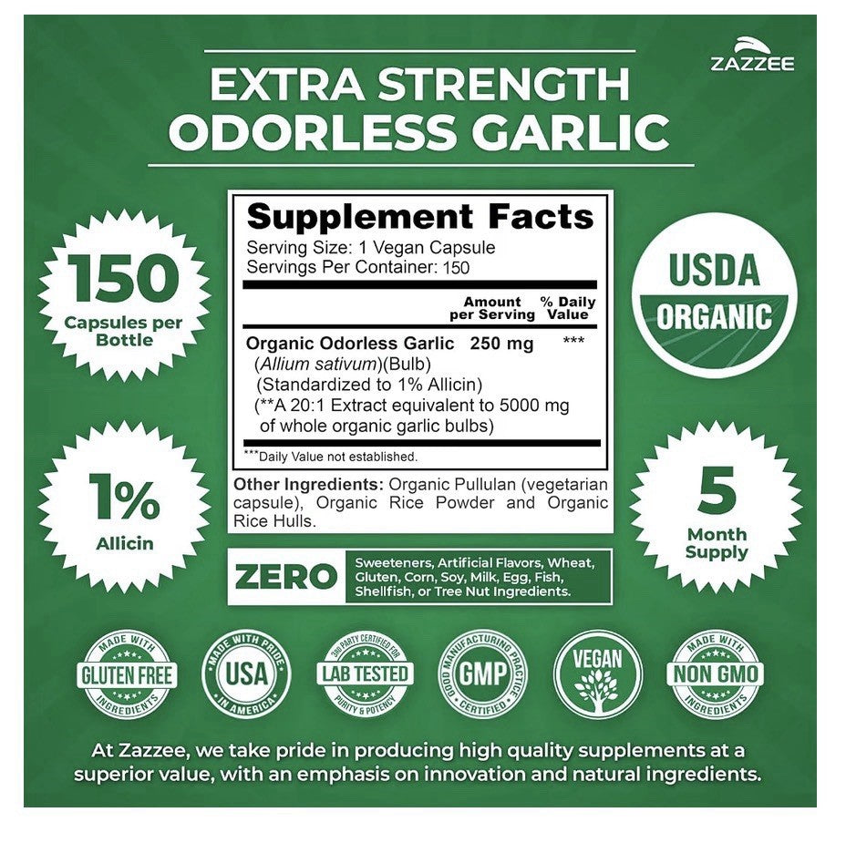 Zazzee Odorless Garlic 1% Allicin Immune Circulation Heart Support 5Month Supply