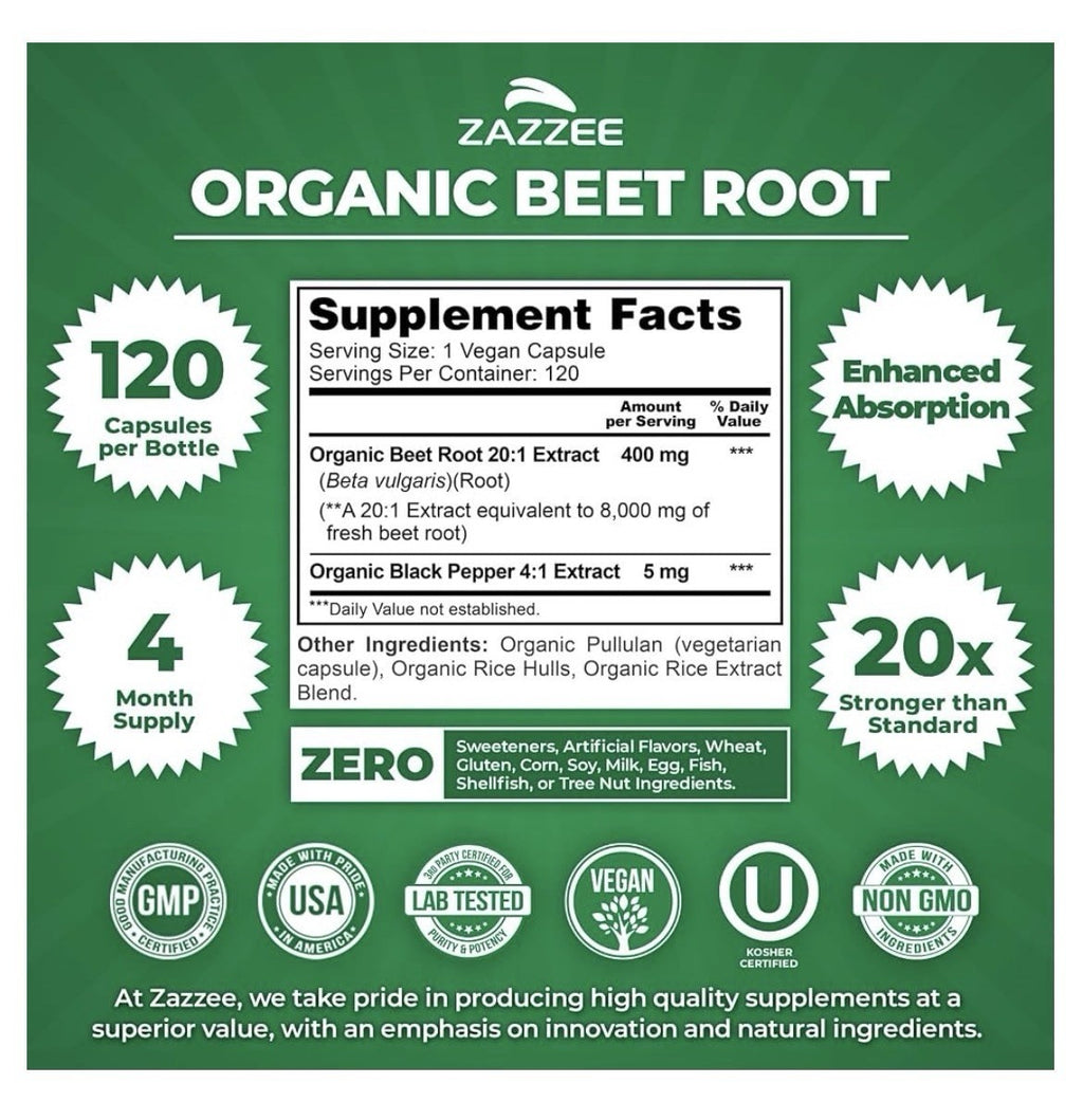 Zazzee Beet Root Nitric Oxide Support Healthy Energy Levels 4Month Supply 120cap