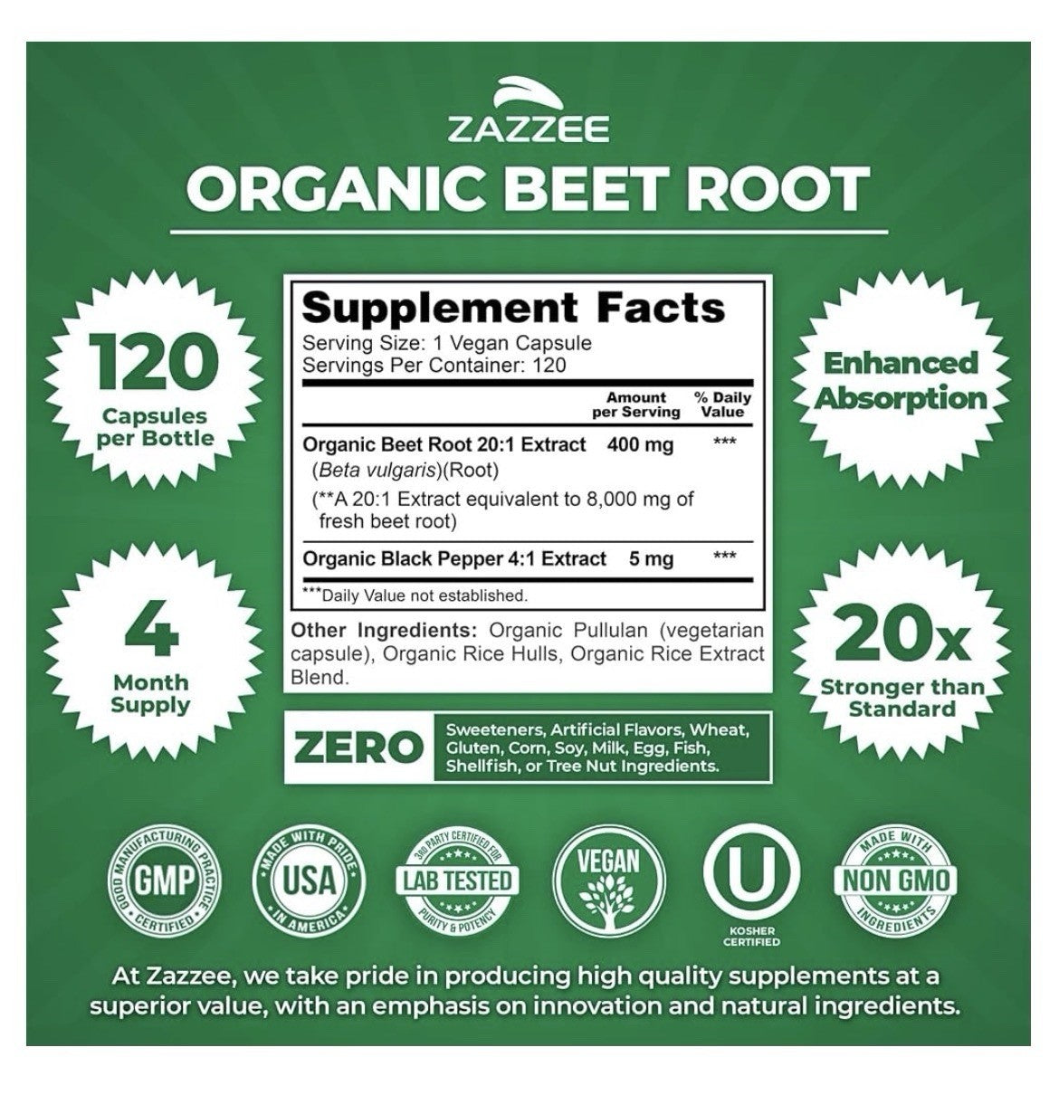 Zazzee Beet Root Nitric Oxide Support Healthy Energy Levels 4Month Supply 120cap