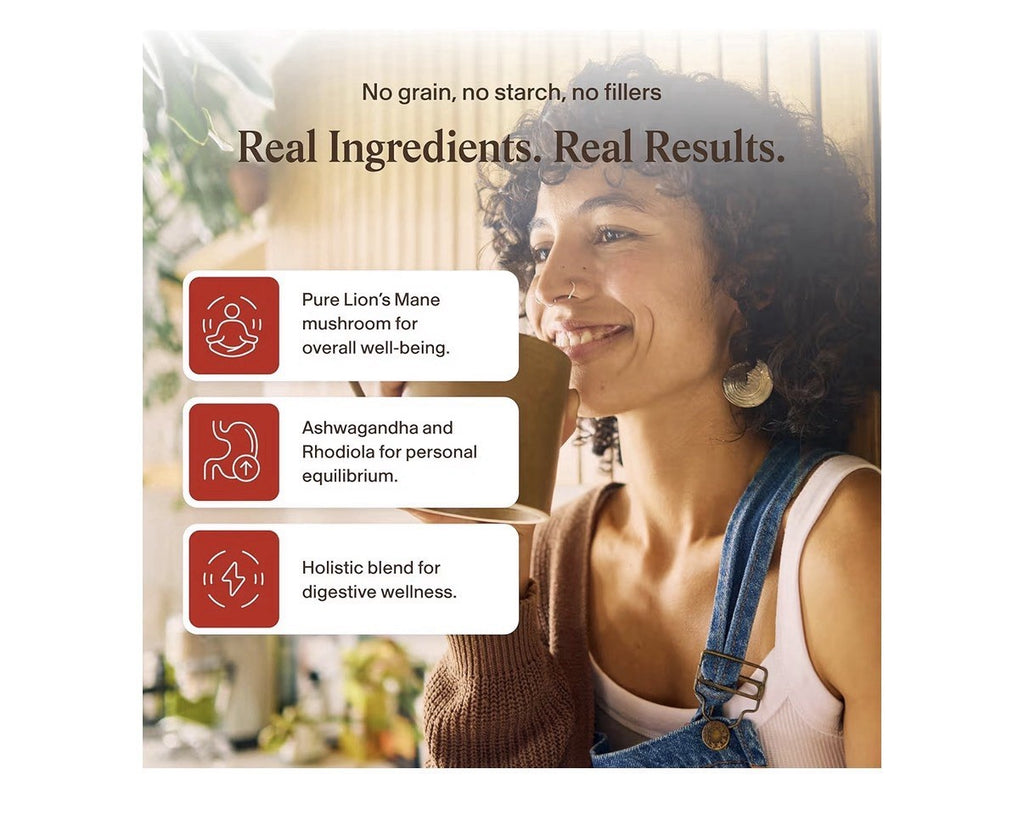 Real Mushrooms RealClarity Lion’s Mane KSM-66 Ashwagandha Rhodiala Bacopa 60Caps