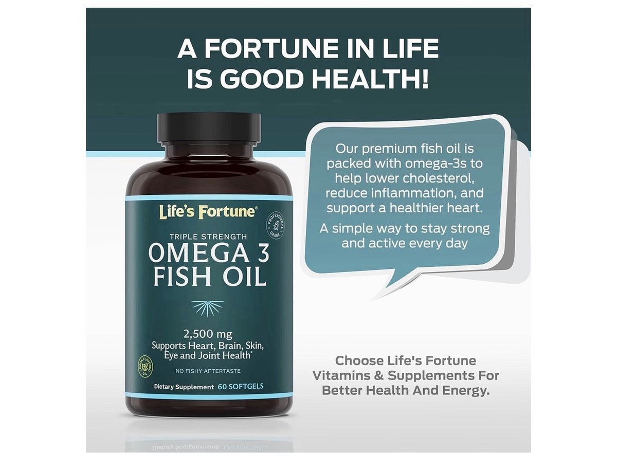 Life's Fortune Omega 3 Fish Oil 2500 mg Heart Brain Skin Eye Joint Health 60sgel