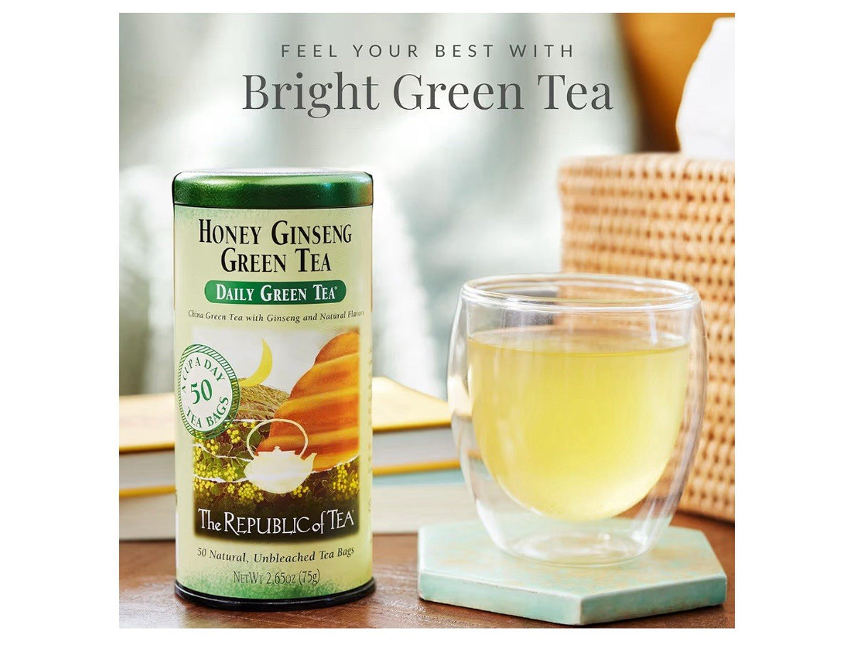The Republic of Tea Honey Ginseng Green Tea 50 Tea Bags Tin Flavored Caffeinated