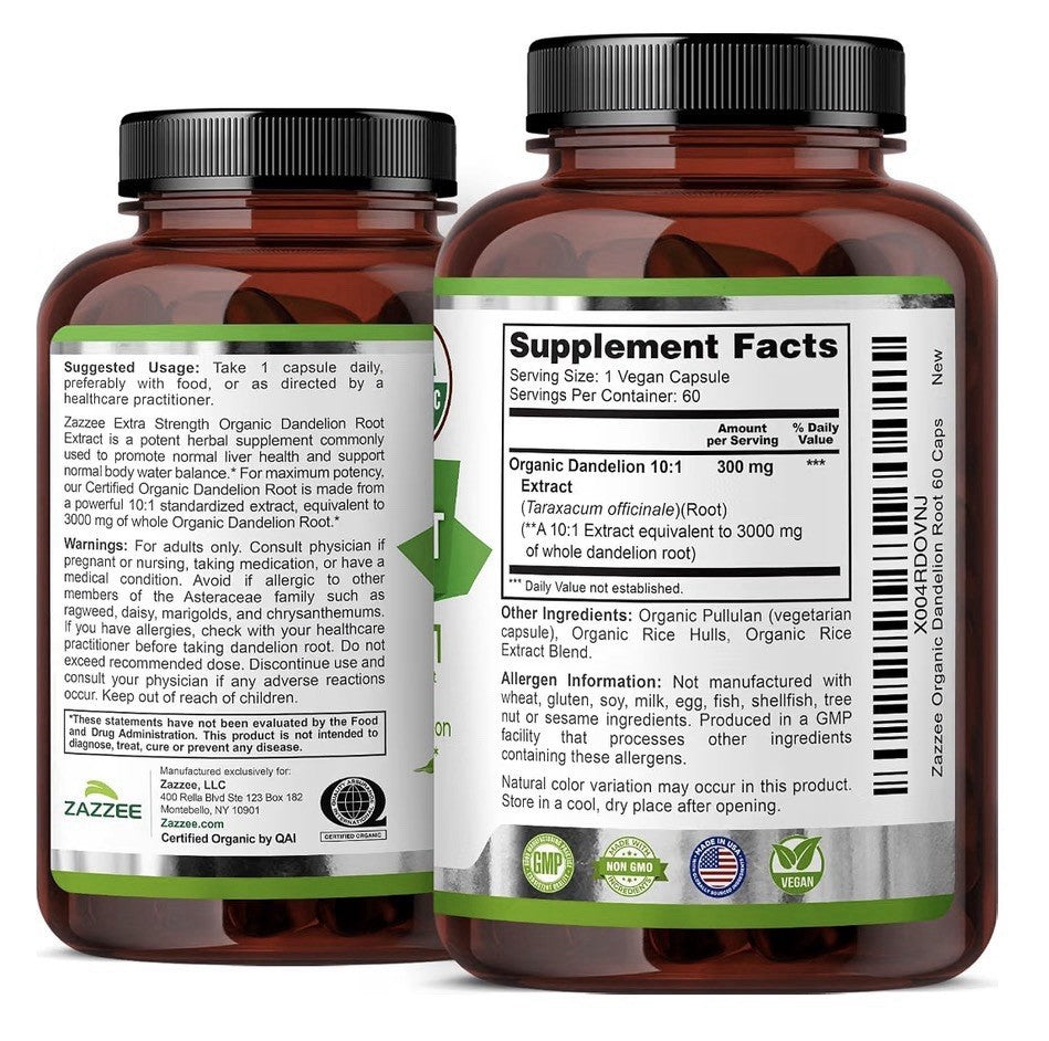 Zazzee Dandelion Root Digestive Water Balance Liver Support 2 Month Supply 60cap