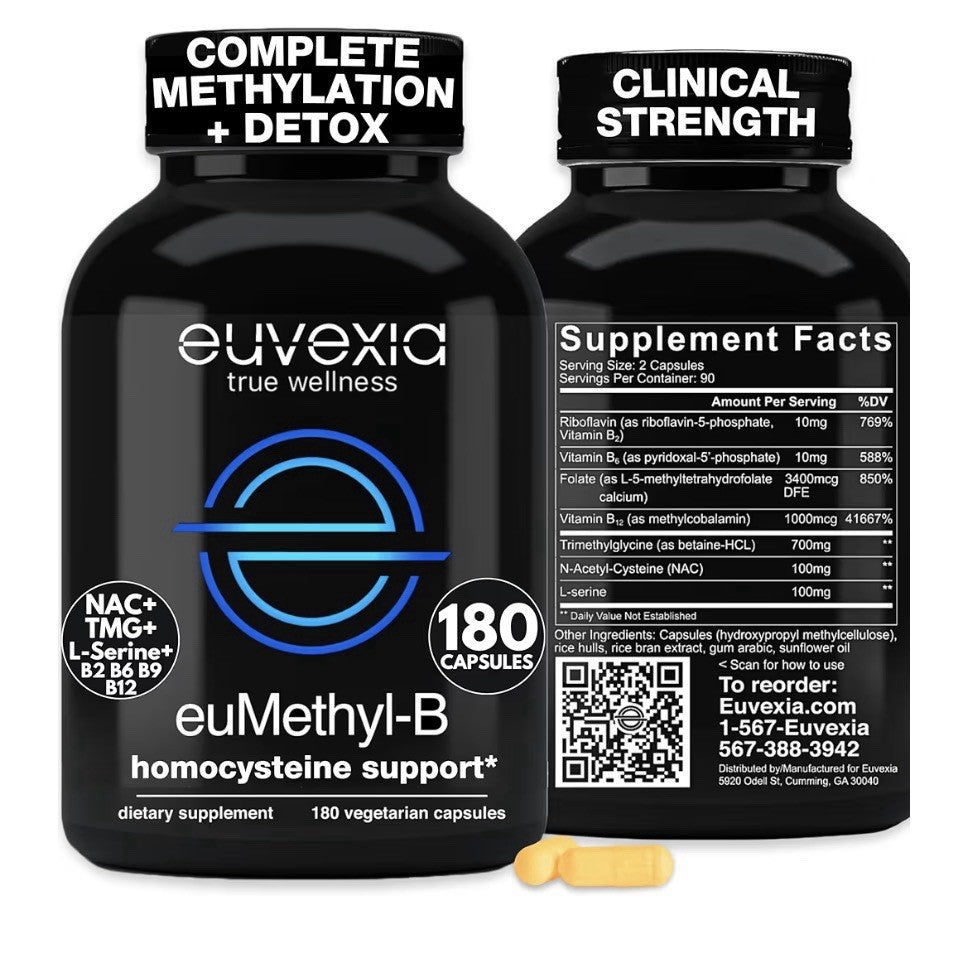 Euvexia euMethyl-B Methylated B Complex Vitamins Riboflavin B6 B12 Folate 180Cap