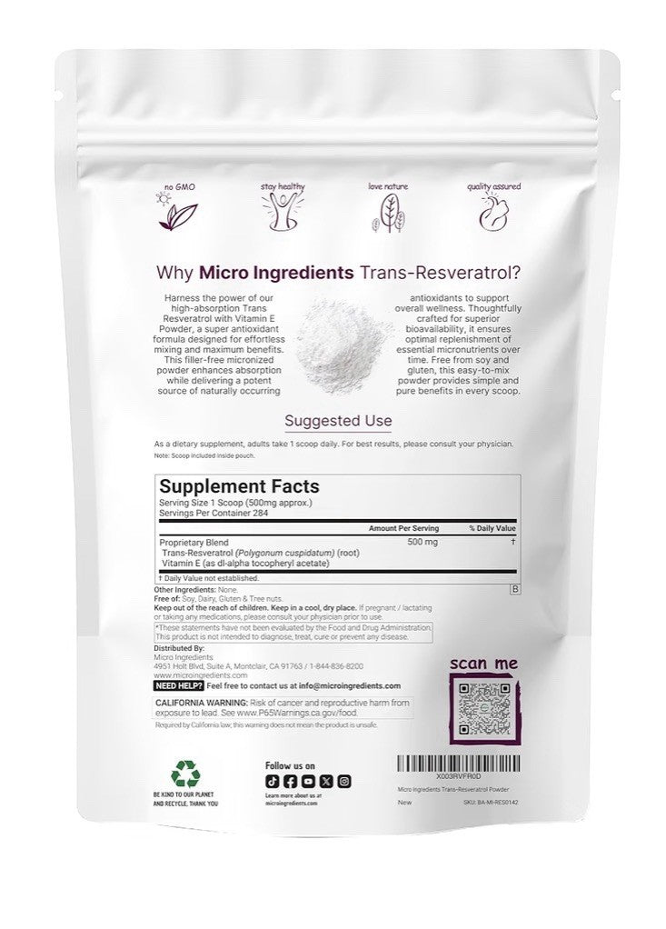 Micro Ingredients Trans-Resveratrol Powder W/ Vitamin E Rich In Antioxidant 5 oz