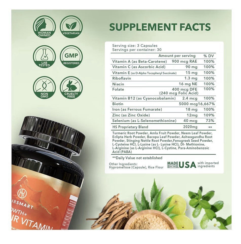 HairSmart H5 Grow+ Hair Vitamin Supplement Biotin Ayurvedic Herbs 5 Nutrient 90c
