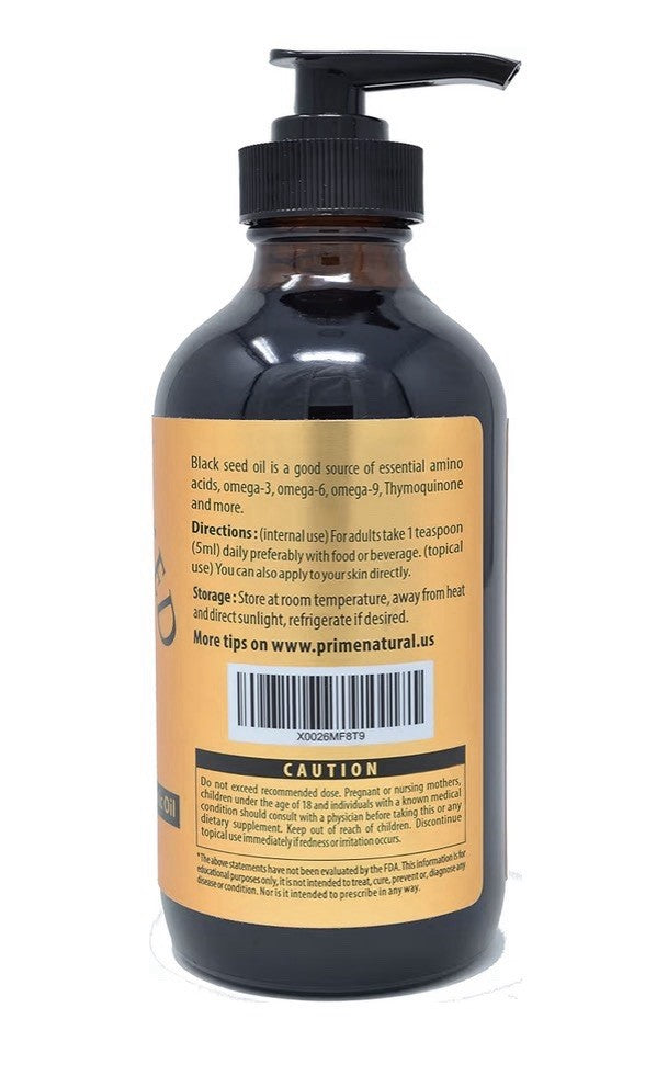 PRIME NATURAL Black Seed Oil Organic Cold Pressed Unrefined 8oz Nigella Sativa