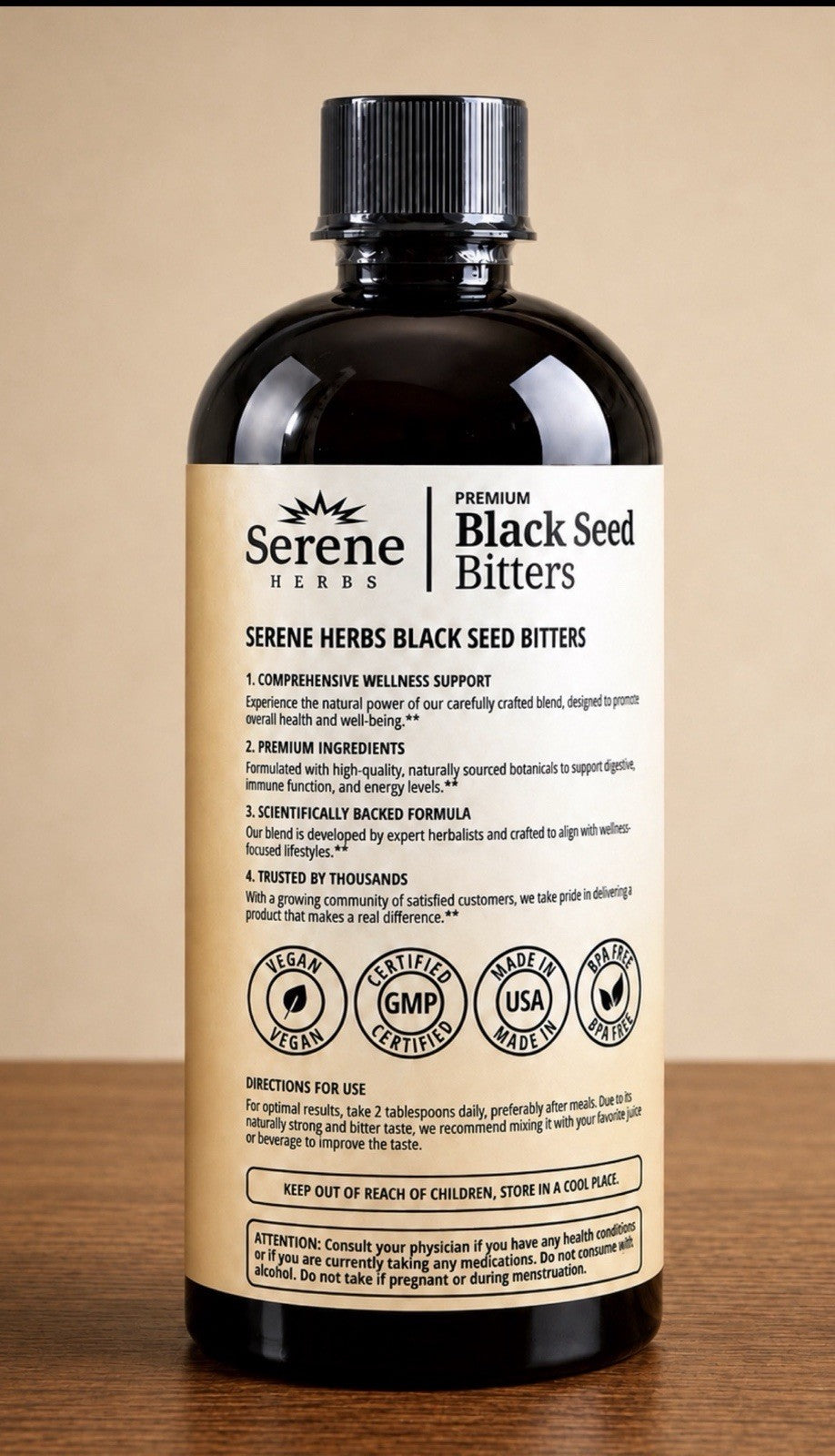 Serene Herbs Black Seed Bitters Premium Cleanse Strengthen Energize 16oz