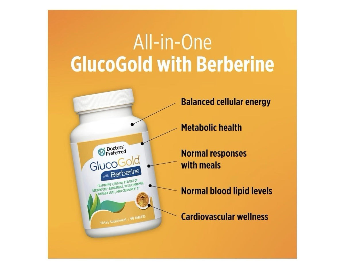 DOCTORS' PREFERRED GlucoGold with Berberine Cinnamon Chromium Banaba Leaf 90Tabs