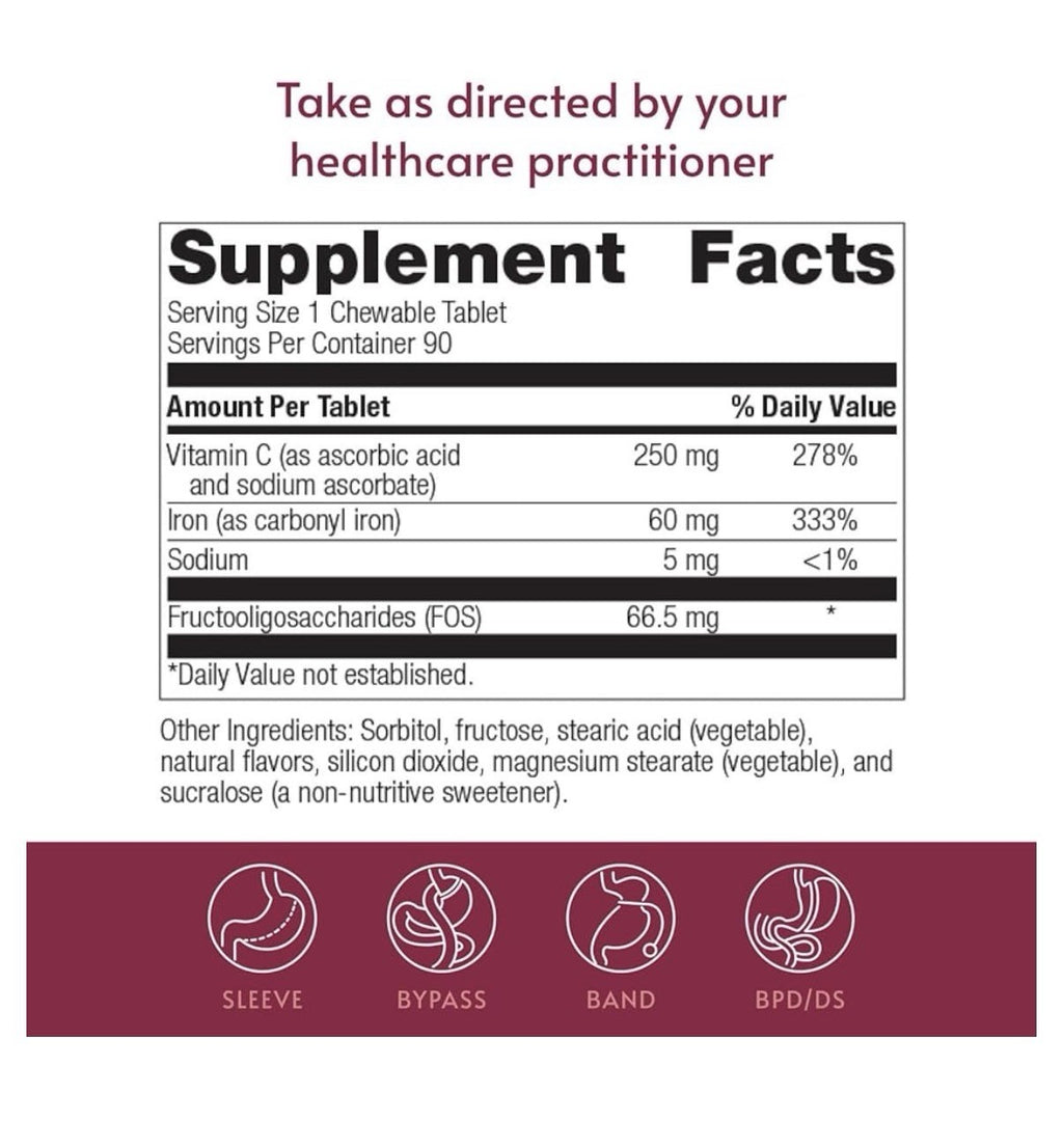 Bariatric Advantage Chewable Iron 60 mg with Vitamin C 90 Tablets