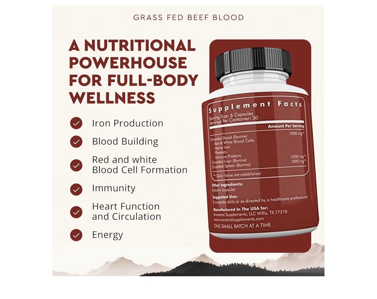 Ancestral Supplements Grass Fed Blood With Liver & Spleen Pasture Raised 180caps