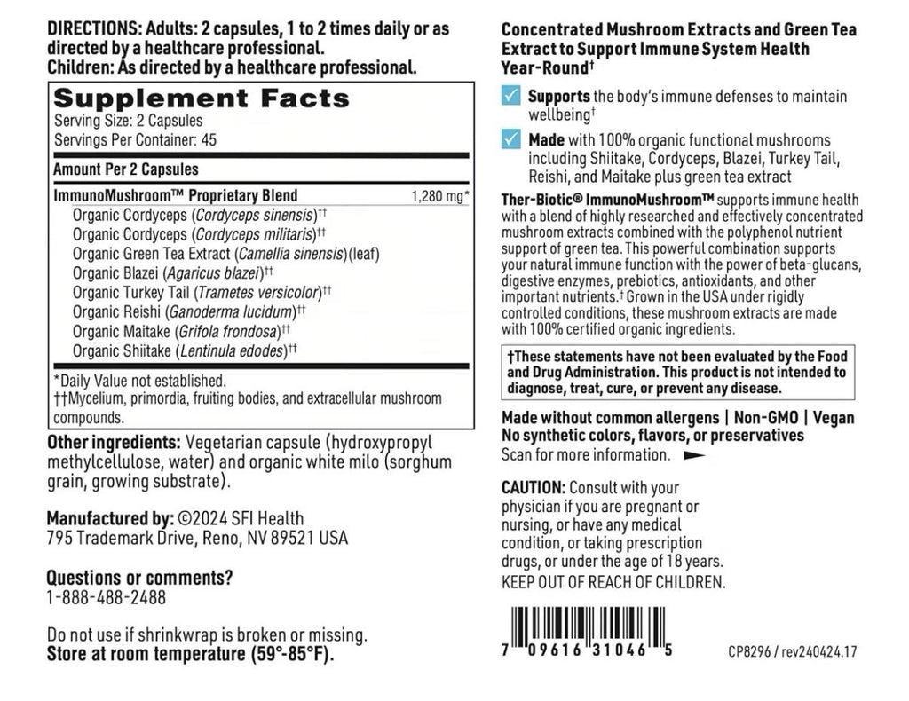 SFI Health THER-BIOTIC ImmunoMushroom Mushroom Immune Support Formula 90capsules