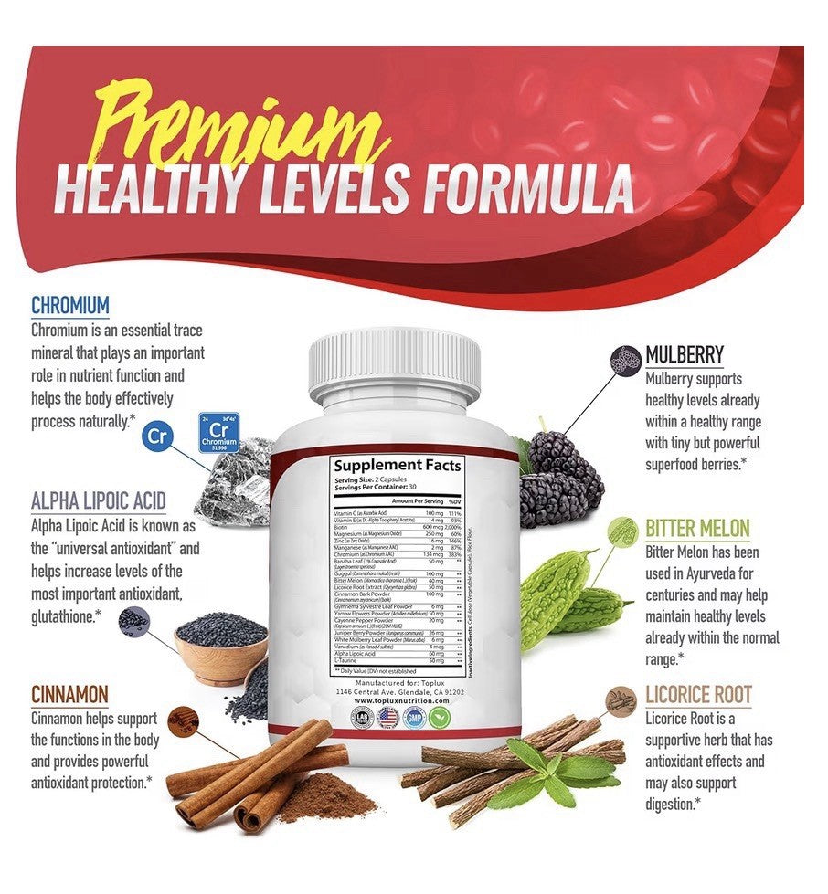 Toplux Blood Sugar Complex 20 Active Ingredients Supports Overall Health 60 Caps