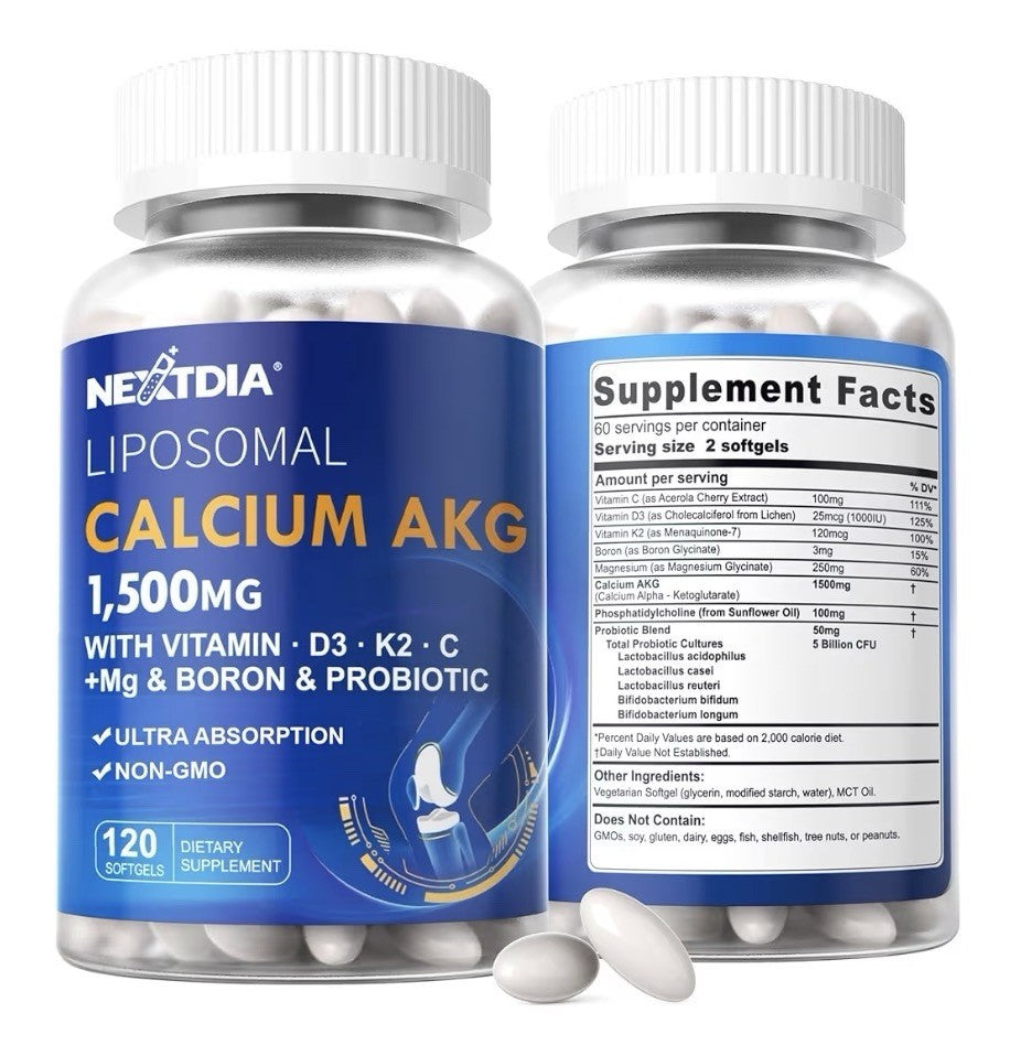 2 Packs Nextdia Liposomal Calcium AKG Supplement 1500mg with Vitamin D3 & K2