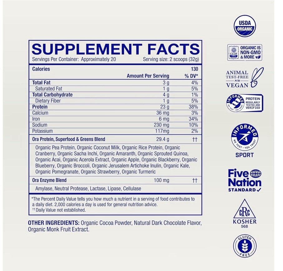 Ora So Lean & So Clean Plant Protein Powder for Women and Men Chocolate 22.8oz