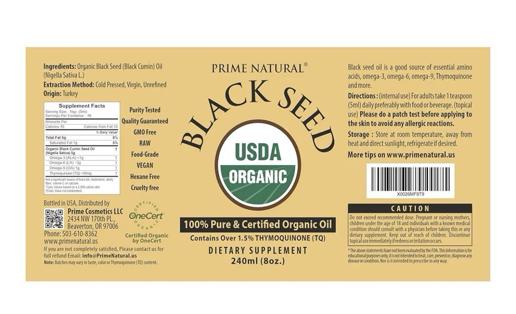 PRIME NATURAL Black Seed Oil Organic Cold Pressed Unrefined 8oz Nigella Sativa