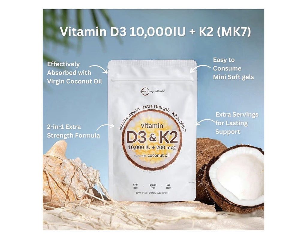 Micro Ingredients Vitamin D3 + K2 MK-7 10,000 IU D3 Per Serving 300 Softgels