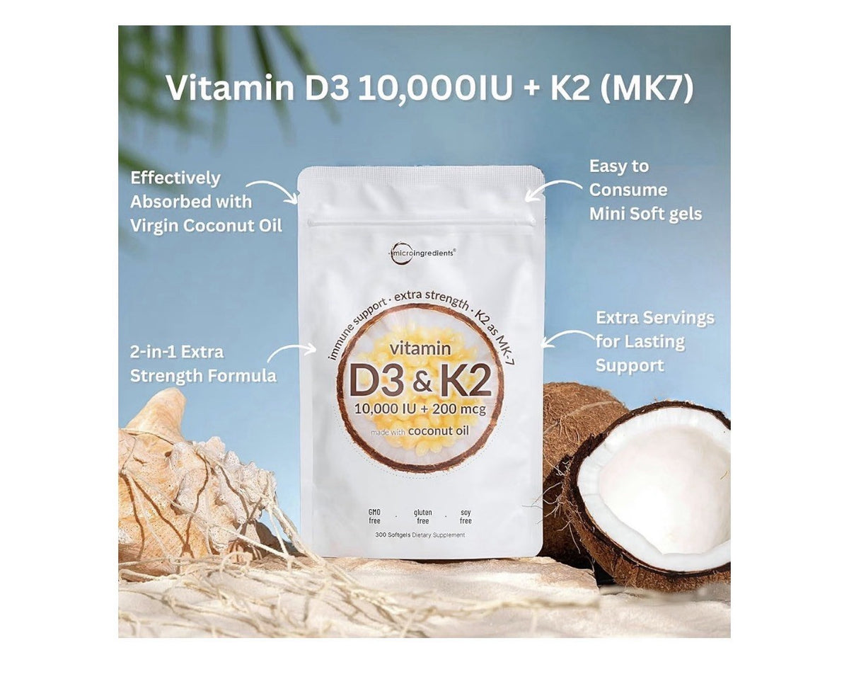 Micro Ingredients Vitamin D3 + K2 MK-7 10,000 IU D3 Per Serving 300 Softgels